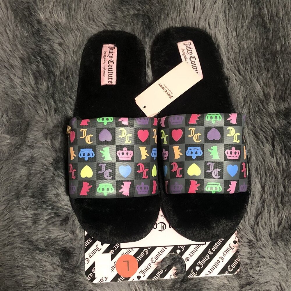 Juicy Couture JC-Hrish 2 Faux Fur Slides Slippers Women's, Size L (9-10), Black